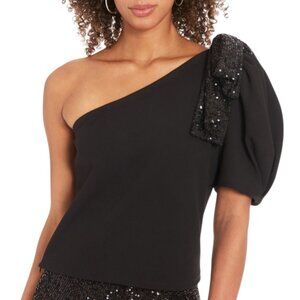 NWT Muse One Shoulder Embellished Bow Blouse 14 Black Sequin